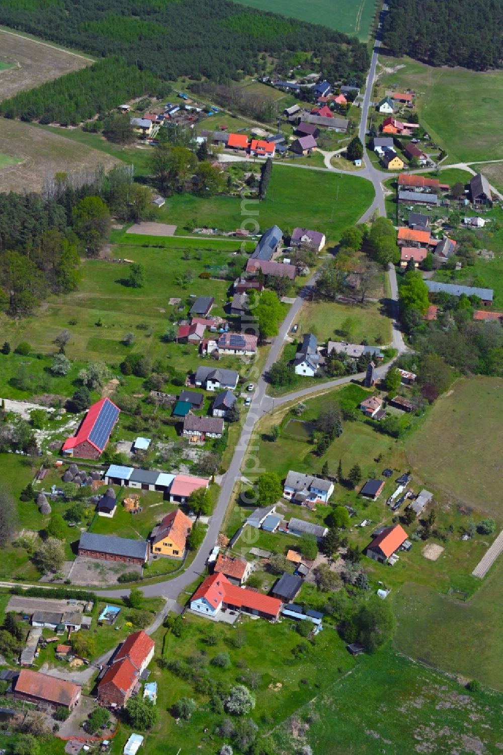 Goschen from above - Village view along Dorfstrasse in Goschen in the state Brandenburg, Germany