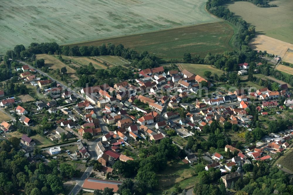 Grüningen from the bird's eye view: View of the village of Grueningen in the state of Thuringia. The village is surrounded by agricultural fields and consists of residential buildings and farms