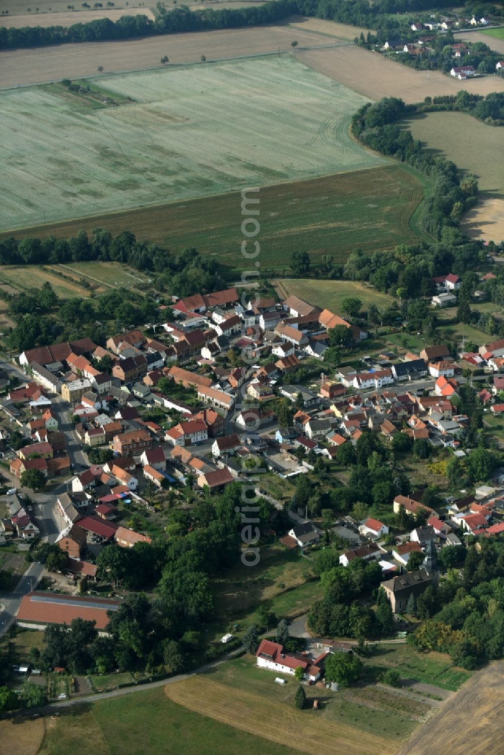 Aerial image Grüningen - View of the village of Grueningen in the state of Thuringia. The village is surrounded by agricultural fields and consists of residential buildings and farms