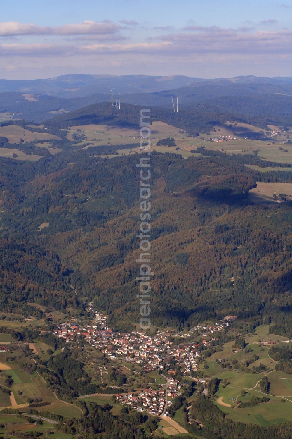 Aerial photograph Hasel - Village view of Hasel and landscape in the Black Forest in the state Baden-Wuerttemberg. On the mountain Rohrenkopf the first wind park in the Black Forest is built