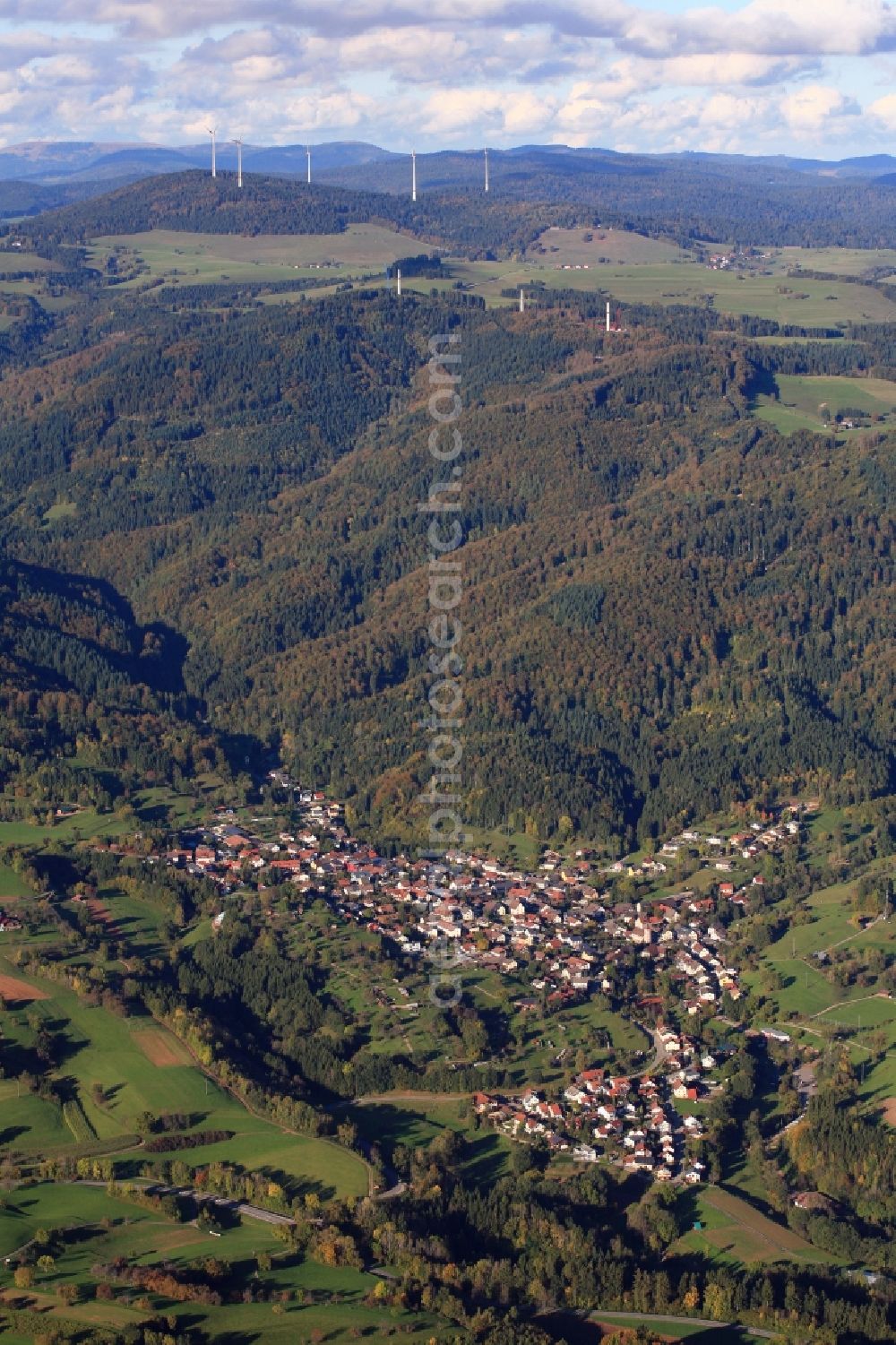 Aerial image Hasel - Village view of Hasel and landscape in the Black Forest in the state Baden-Wuerttemberg. On the mountains Glaserkopf and Rohrenkopf there are the two first wind parks in the Southern Black Forest