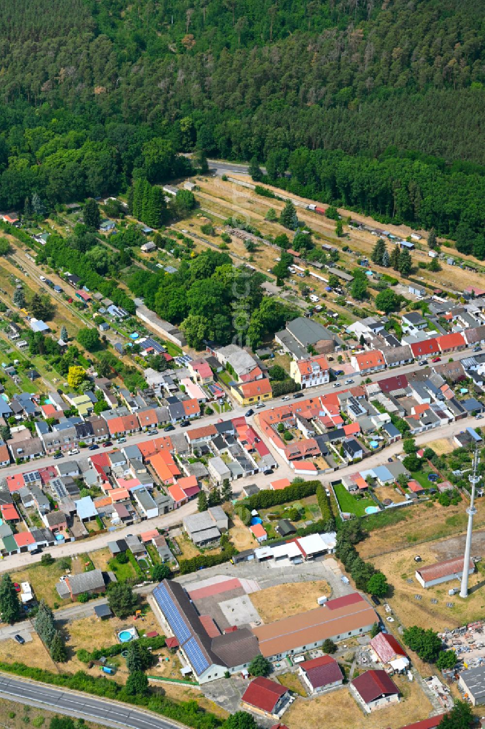 Aerial image Neu Friedrichsdorf - Village view on street Neufriedrichsdorfer Strasse in Neu Friedrichsdorf in the state Brandenburg, Germany