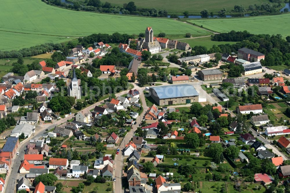 Aerial image Plötzkau - Village view of Ploetzkau with the streets Schlossstrasse and Roehrstrang in the town center in the state Saxony-Anhalt