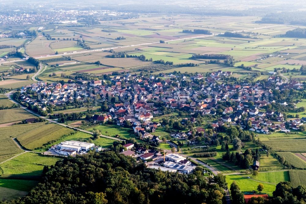 Achern from above - Village - view on the edge of agricultural fields and farmland in Achern in the state Baden-Wurttemberg, Germany