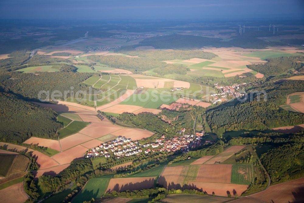 Aerial photograph Wertheim - Village - view on the edge of agricultural fields and farmland in Wertheim in the state Baden-Wuerttemberg