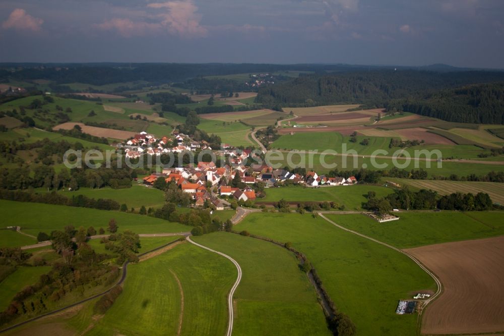 Aerial photograph Bühlertann - Village - view on the edge of agricultural fields and farmland in Buehlertann in the state Baden-Wuerttemberg, Germany