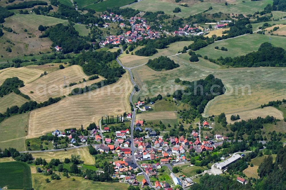 Bischofrod from above - Village - view on the edge of agricultural fields and farmland in Bischofrod in the state Thuringia, Germany