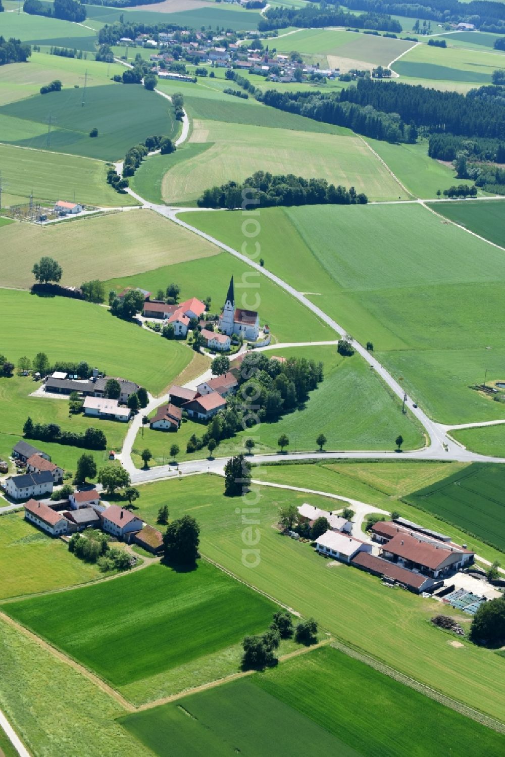 Aerial image Margarethen - Village - view on the edge of agricultural fields and farmland in Bodenkirchen in the state Bavaria, Germany