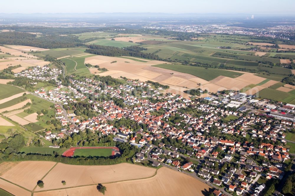 Aerial image Bruchsal - Village - view on the edge of agricultural fields and farmland in Bruchsal in the state Baden-Wuerttemberg, Germany