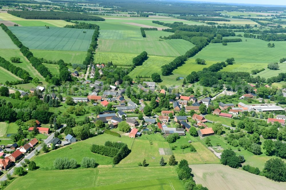 Brunow from above - Village - view on the edge of agricultural fields and farmland in Brunow in the state Mecklenburg - Western Pomerania, Germany