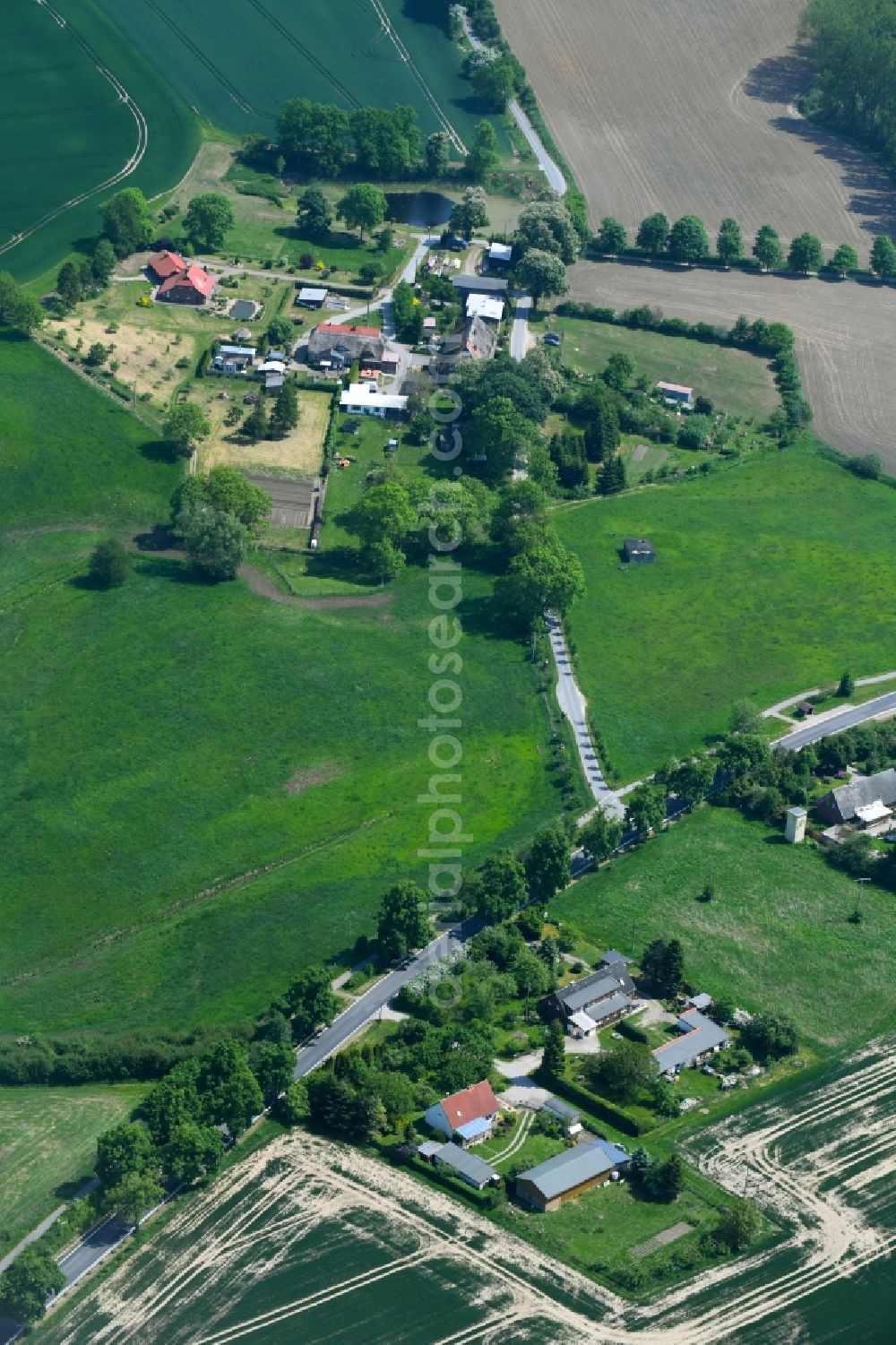 Dalberg-Wendelstorf from above - Village - view on the edge of agricultural fields and farmland in Dalberg-Wendelstorf in the state Mecklenburg - Western Pomerania, Germany