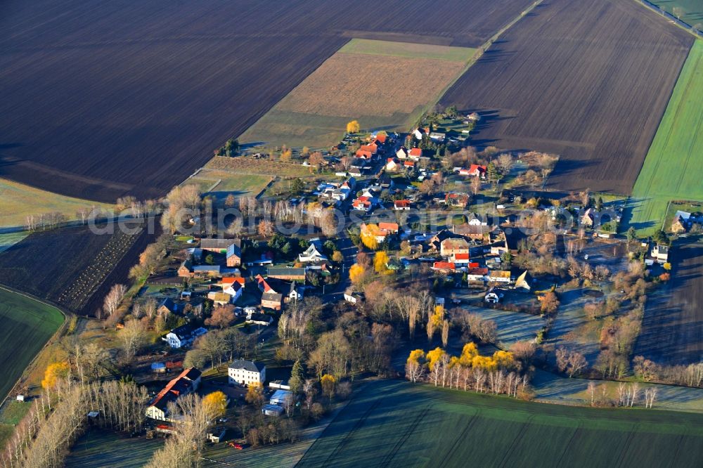 Döhlen from above - Village - view on the edge of agricultural fields and farmland in Doehlen in the state Saxony, Germany