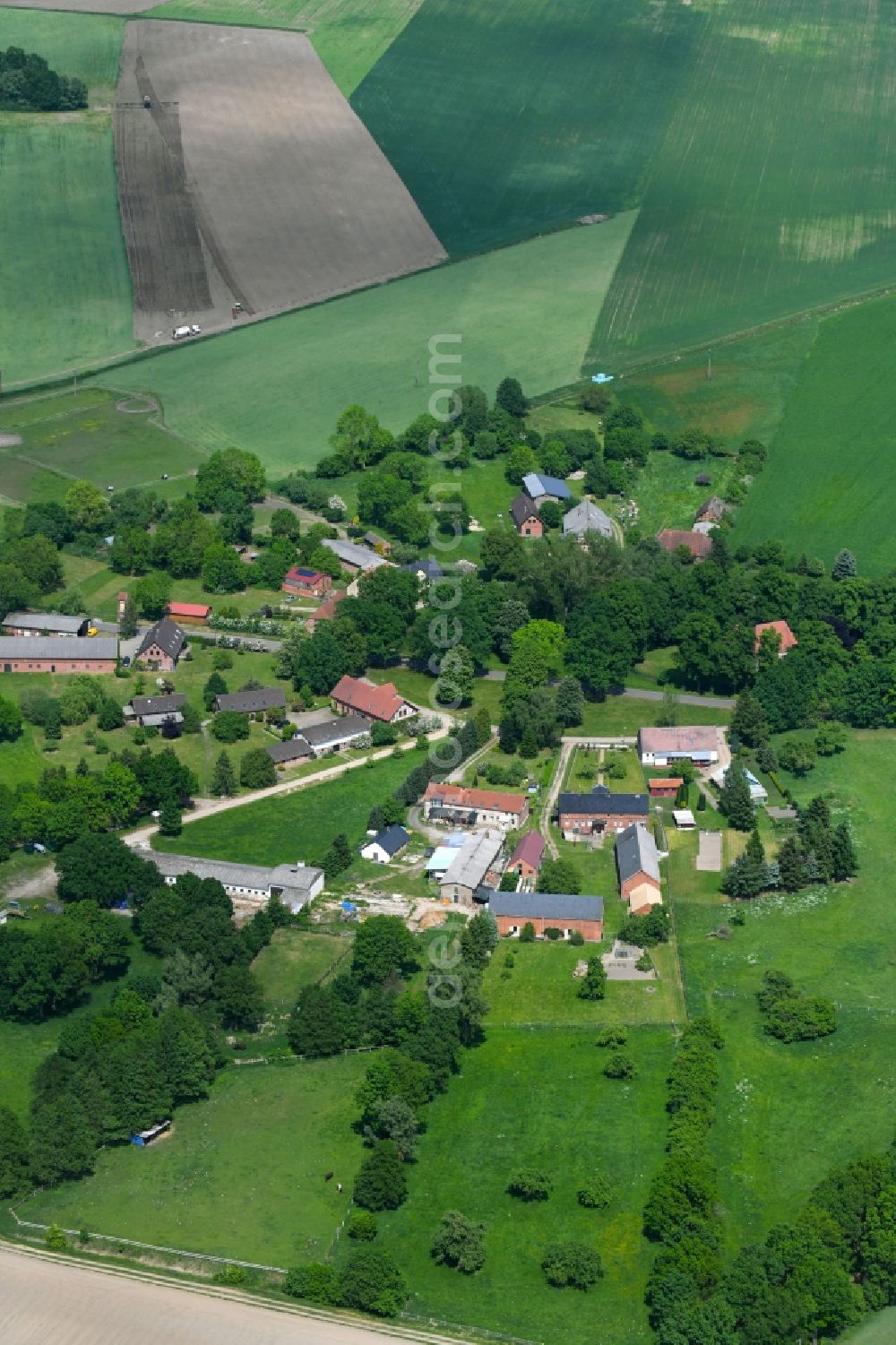 Drefahl from the bird's eye view: Village - view on the edge of agricultural fields and farmland in Drefahl in the state Mecklenburg - Western Pomerania, Germany