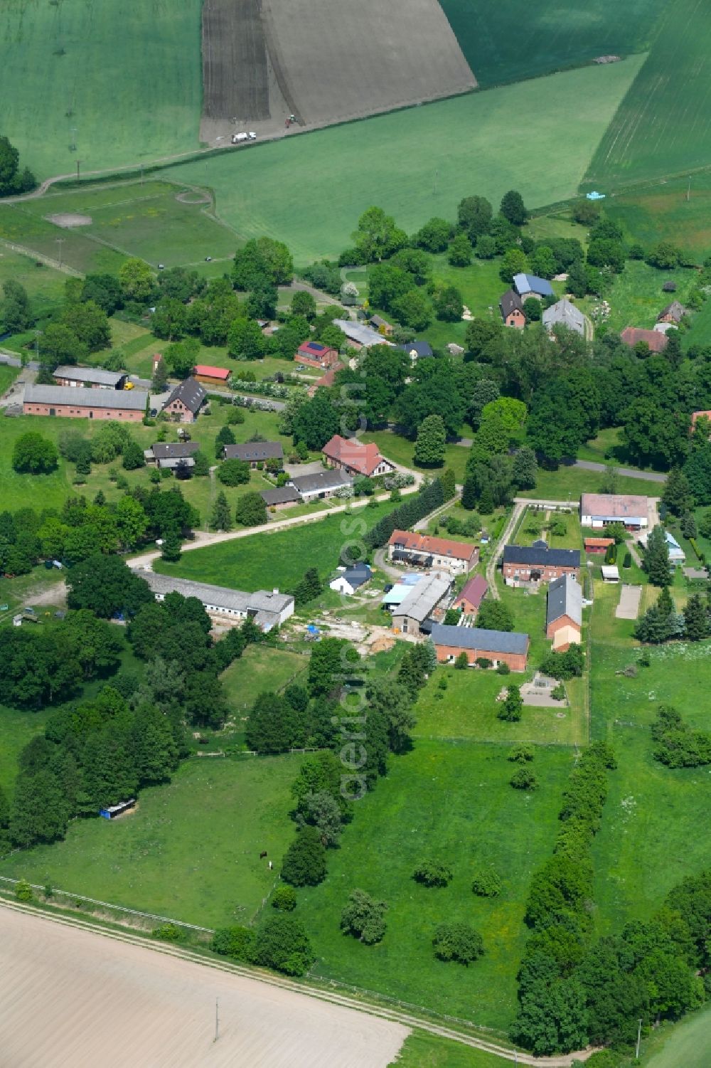 Aerial image Drefahl - Village - view on the edge of agricultural fields and farmland in Drefahl in the state Mecklenburg - Western Pomerania, Germany