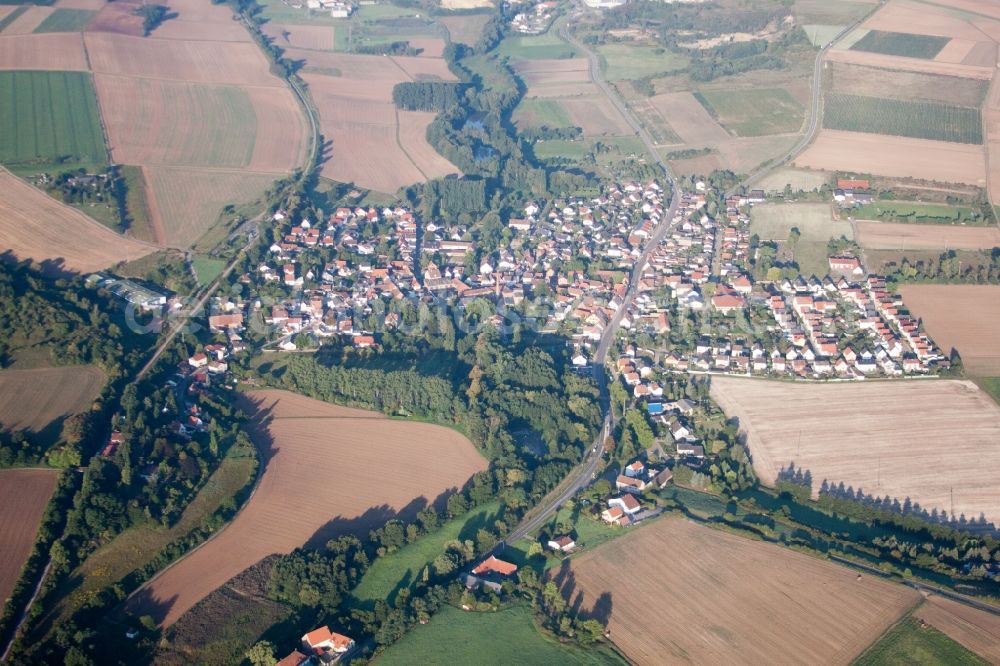 Ebertsheim from above - Village - view on the edge of agricultural fields and farmland in Ebertsheim in the state Rhineland-Palatinate