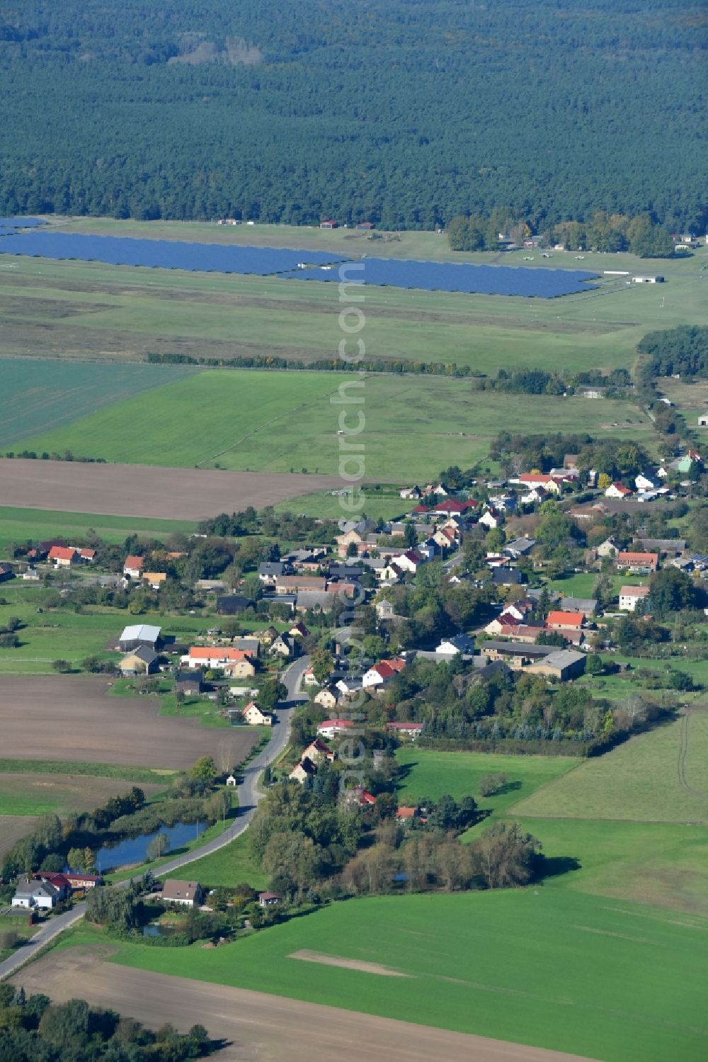 Aerial image Eggersdorf - Village - view on the edge of agricultural fields and farmland in Eggersdorf in the state Brandenburg, Germany