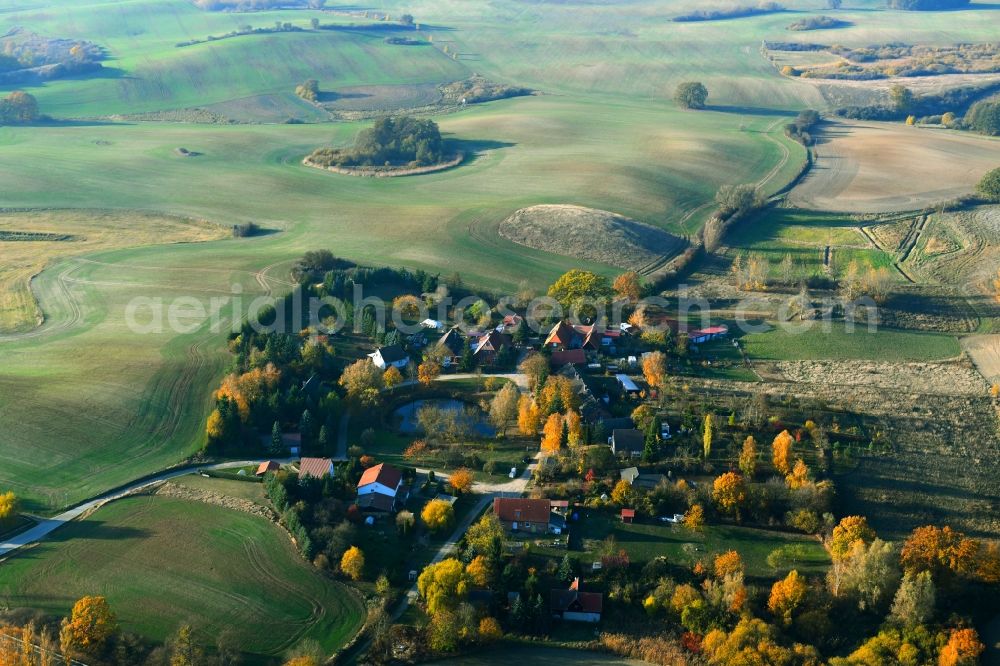 Ehrenhof from above - Village - view on the edge of agricultural fields and farmland in Ehrenhof in the state Mecklenburg - Western Pomerania, Germany