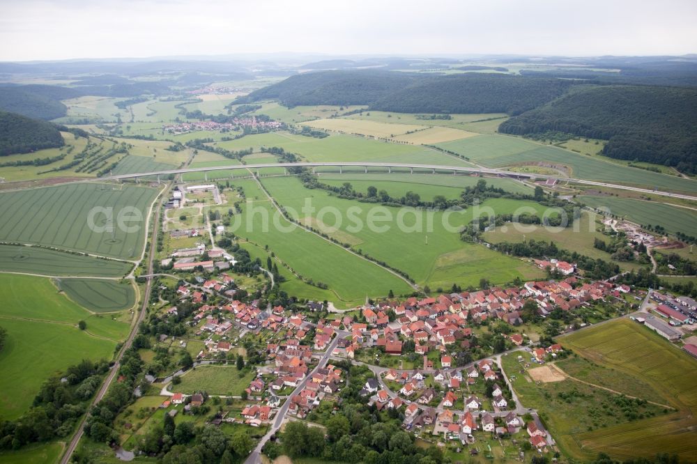 Einhausen from above - Village - view on the edge of agricultural fields and farmland in Einhausen in the state Thuringia, Germany