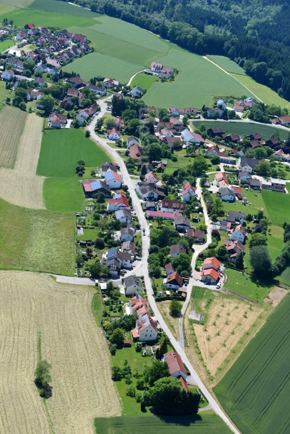 Fernhag from above - Village - view on the edge of agricultural fields and farmland in Fernhag in the state Bavaria, Germany