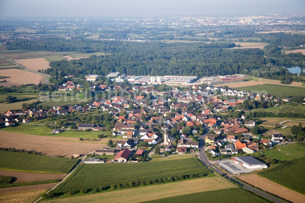 Rheinau from above - Village - view on the edge of agricultural fields and farmland in the district Linx in Rheinau in the state Baden-Wuerttemberg, Germany