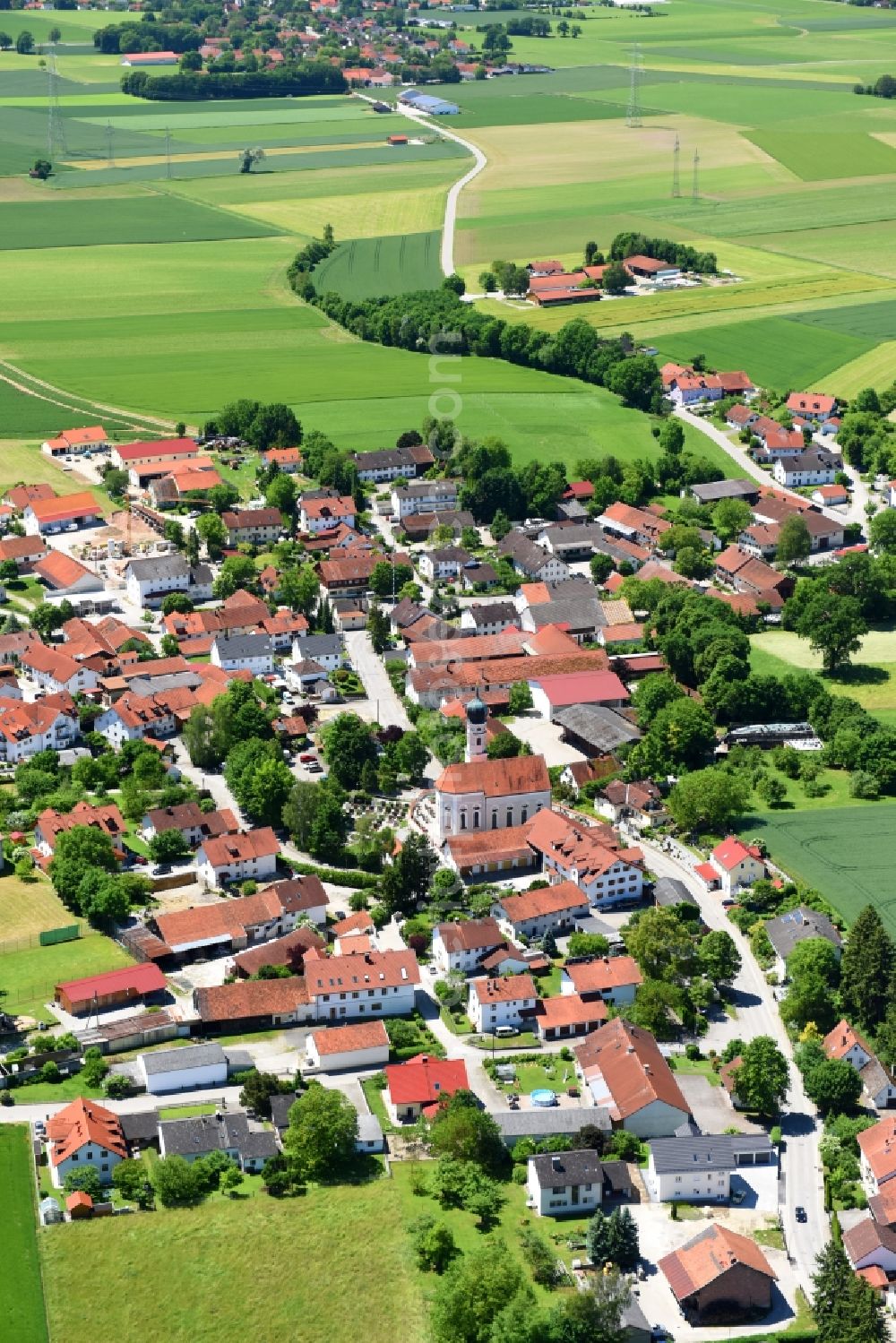 Finsing from above - Village - view on the edge of agricultural fields and farmland in Finsing in the state Bavaria, Germany