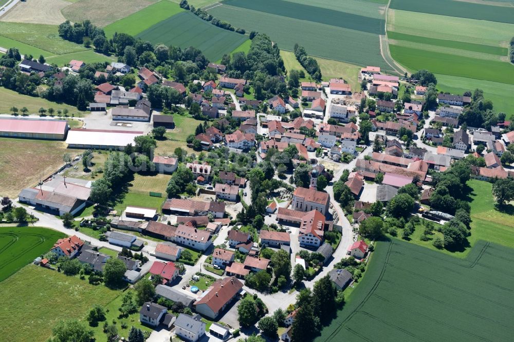 Aerial image Finsing - Village - view on the edge of agricultural fields and farmland in Finsing in the state Bavaria, Germany