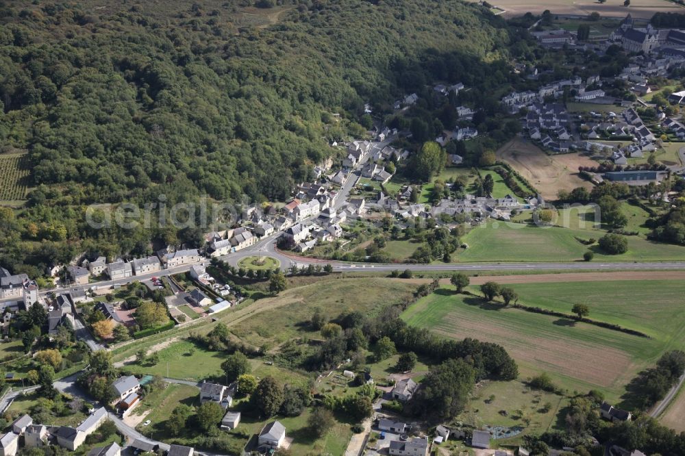 Fontevraud l'Abbaye from above - Village - view on the edge of agricultural fields and farmland in Fontevraud l'Abbaye in Pays de la Loire, France