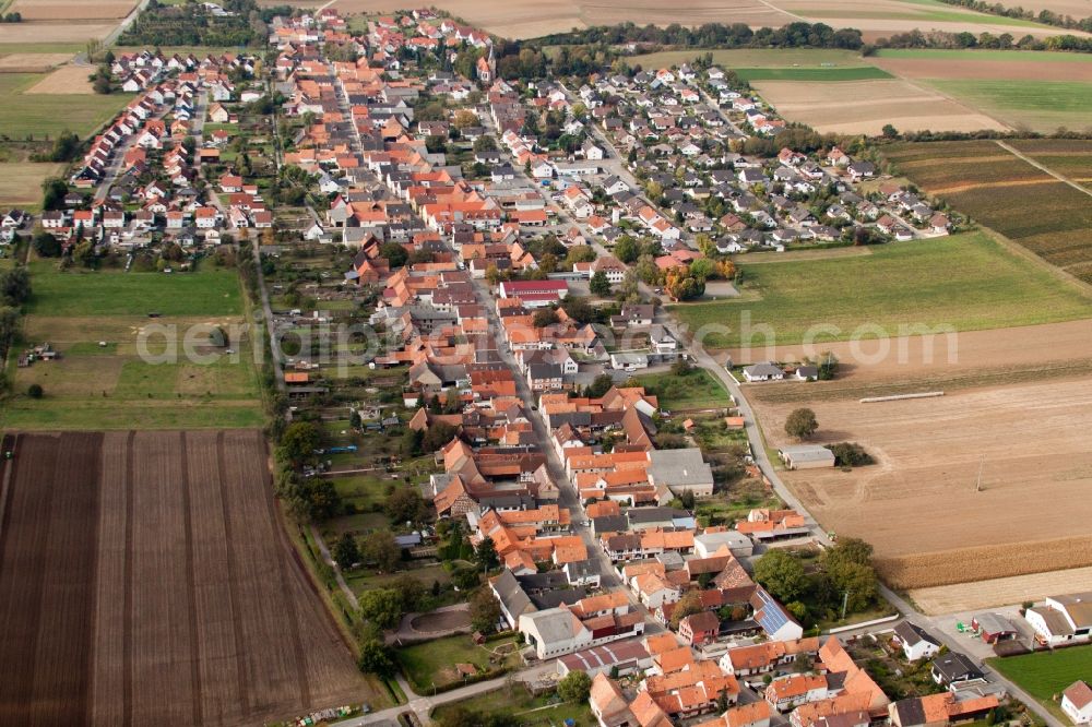 Aerial image Freckenfeld - Village - view on the edge of agricultural fields and farmland in Freckenfeld in the state Rhineland-Palatinate