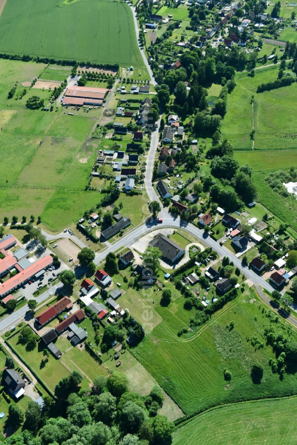 Friedrichsruhe from above - Village - view on the edge of agricultural fields and farmland in Friedrichsruhe in the state Mecklenburg - Western Pomerania, Germany