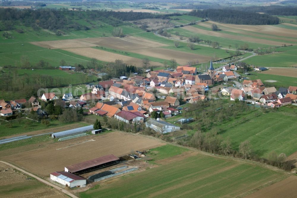 Geiswiller from above - Village - view on the edge of agricultural fields and farmland in Geiswiller in Grand Est, France