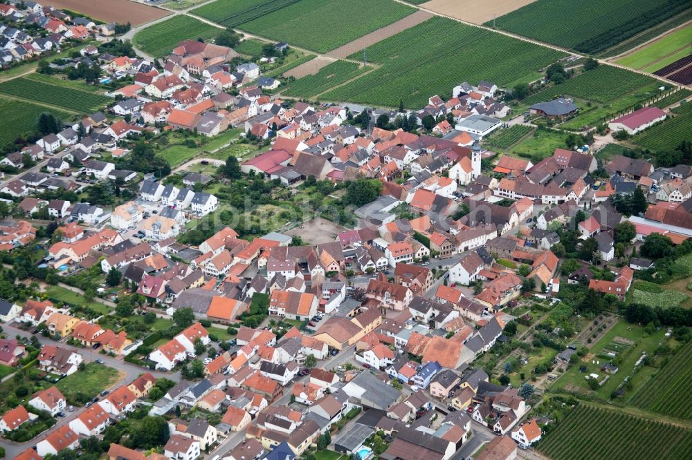 Gönnheim from above - Village - view on the edge of agricultural fields and farmland in Goennheim in the state Rhineland-Palatinate, Germany