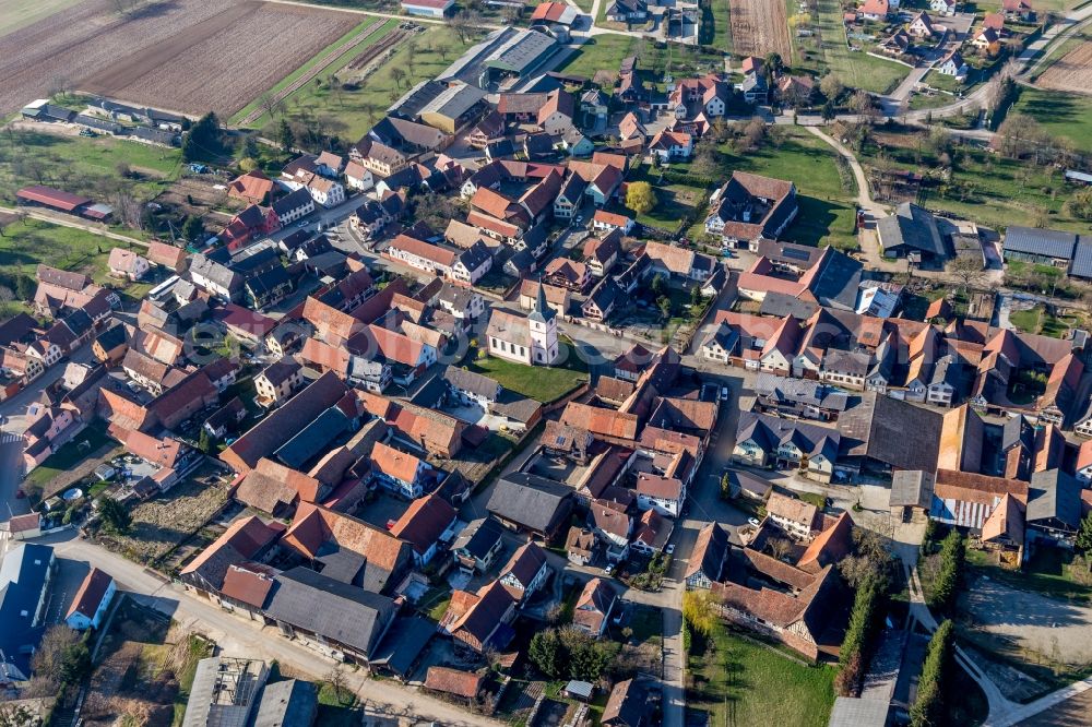 Gottesheim from above - Village - view on the edge of agricultural fields and farmland in Gottesheim in Grand Est, France