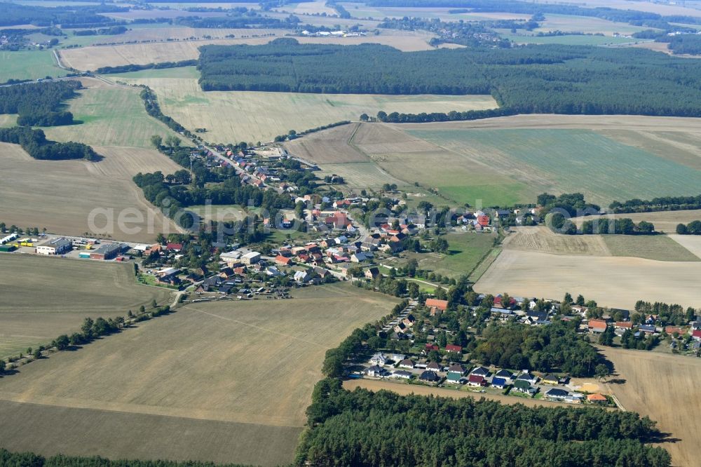 Groß Godems from the bird's eye view: Village - view on the edge of agricultural fields and farmland in Gross Godems in the state Mecklenburg - Western Pomerania, Germany