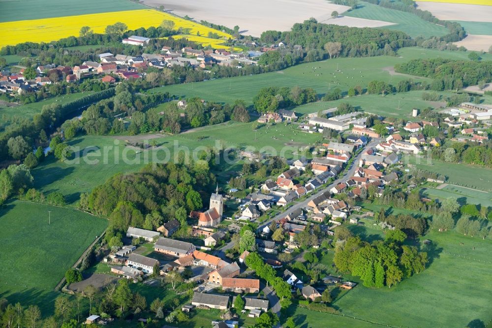 Aerial image Groß Rossau - Village - view on the edge of agricultural fields and farmland in Gross Rossau in the state Saxony-Anhalt, Germany