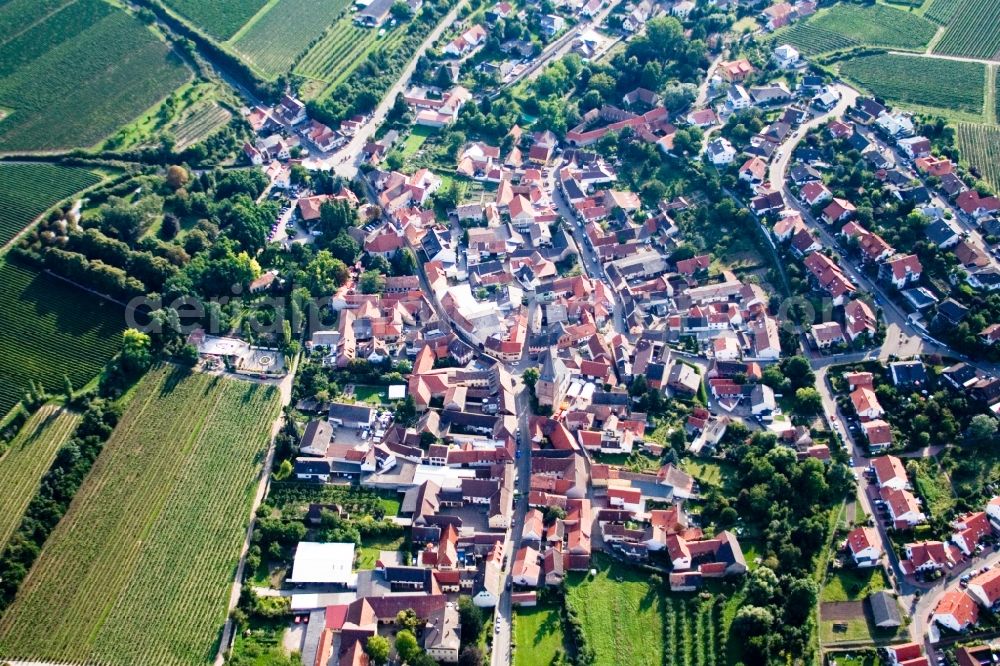 Großkarlbach from above - Village - view on the edge of agricultural fields and farmland in Grosskarlbach in the state Rhineland-Palatinate