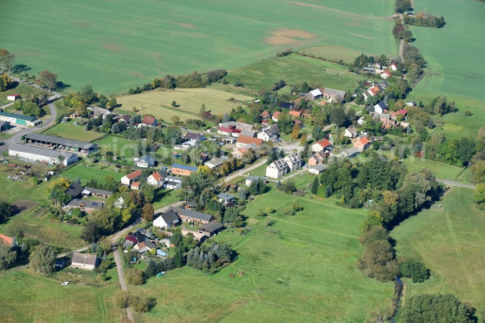 Grunow from the bird's eye view: Village - view on the edge of agricultural fields and farmland in Grunow in the state Brandenburg, Germany