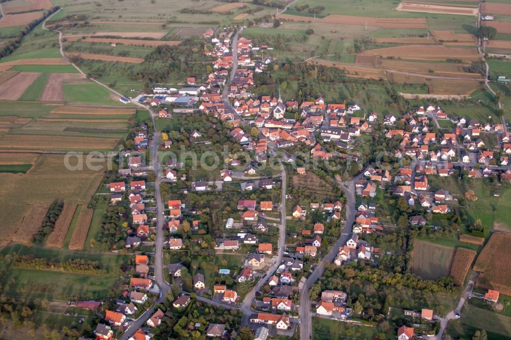 Gunstett from the bird's eye view: Village - view on the edge of agricultural fields and farmland in Gunstett in Grand Est, France