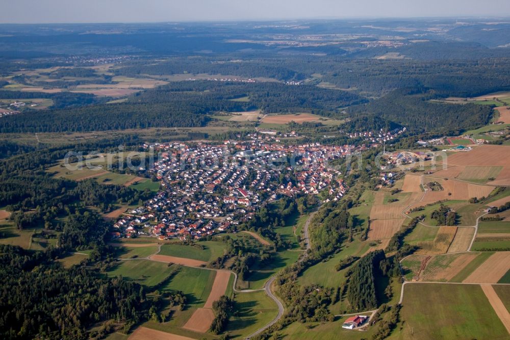 Haiterbach from the bird's eye view: Village - view on the edge of agricultural fields and farmland in Haiterbach in the state Baden-Wuerttemberg, Germany