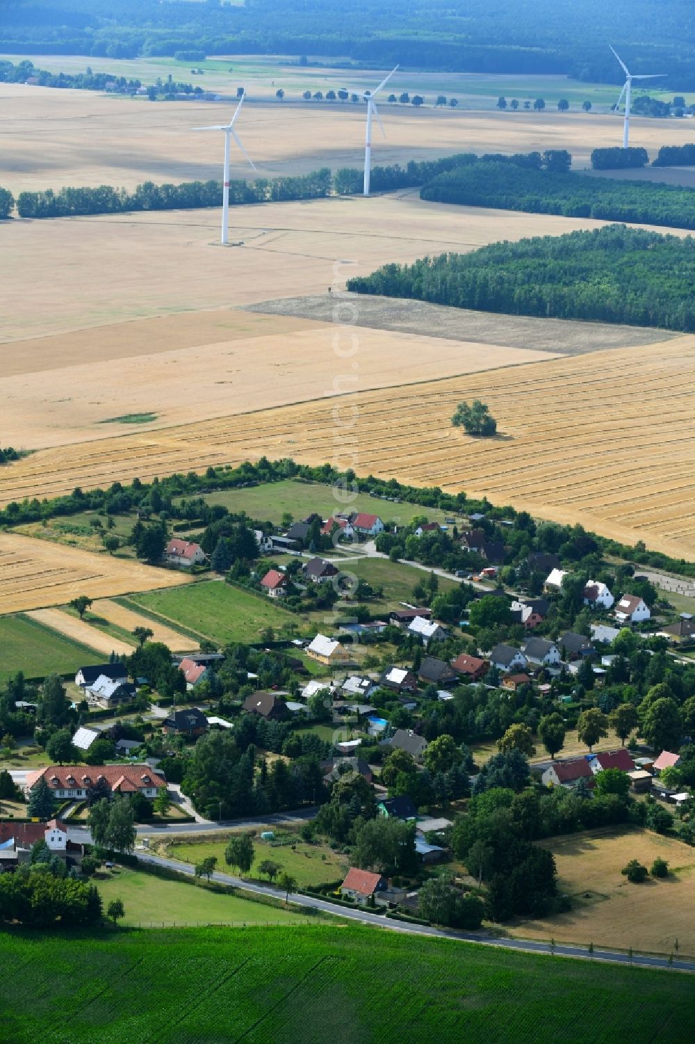 Heckelberg-Brunow from above - Village - view on the edge of agricultural fields and farmland in Heckelberg-Brunow in the state Brandenburg, Germany