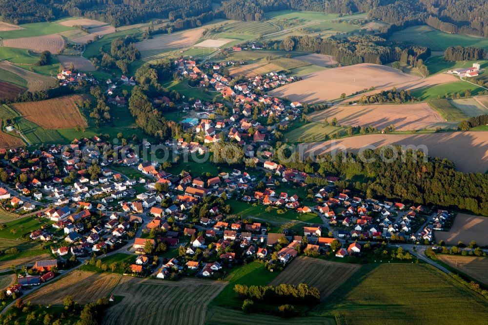 Herdwangen-Schönach from above - Village - view on the edge of agricultural fields and farmland in Herdwangen-Schoenach in the state Baden-Wuerttemberg, Germany