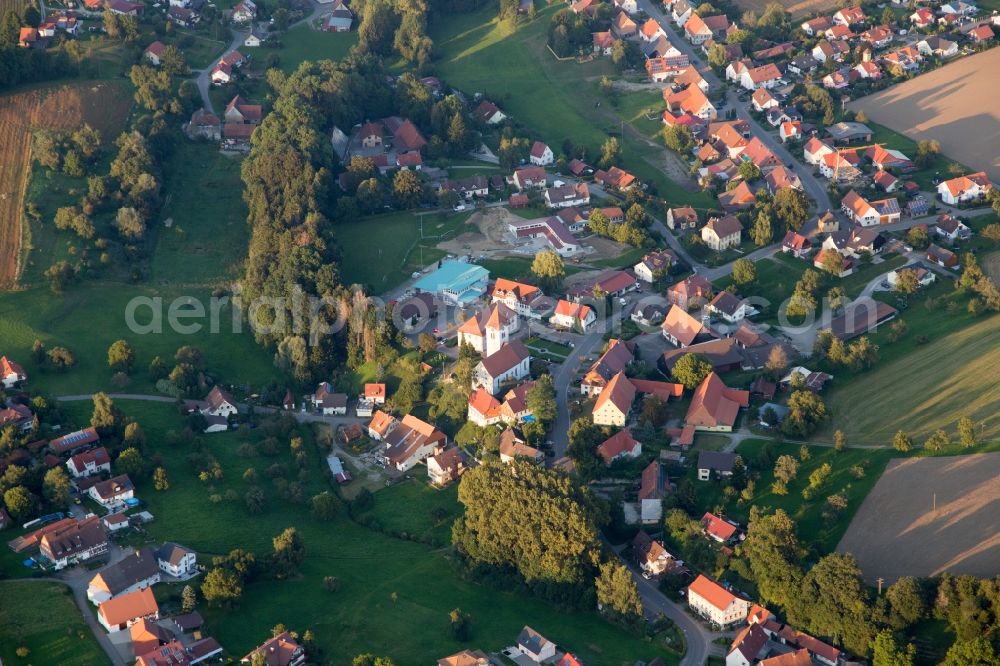 Aerial image Herdwangen-Schönach - Village - view on the edge of agricultural fields and farmland in Herdwangen-Schoenach in the state Baden-Wuerttemberg, Germany