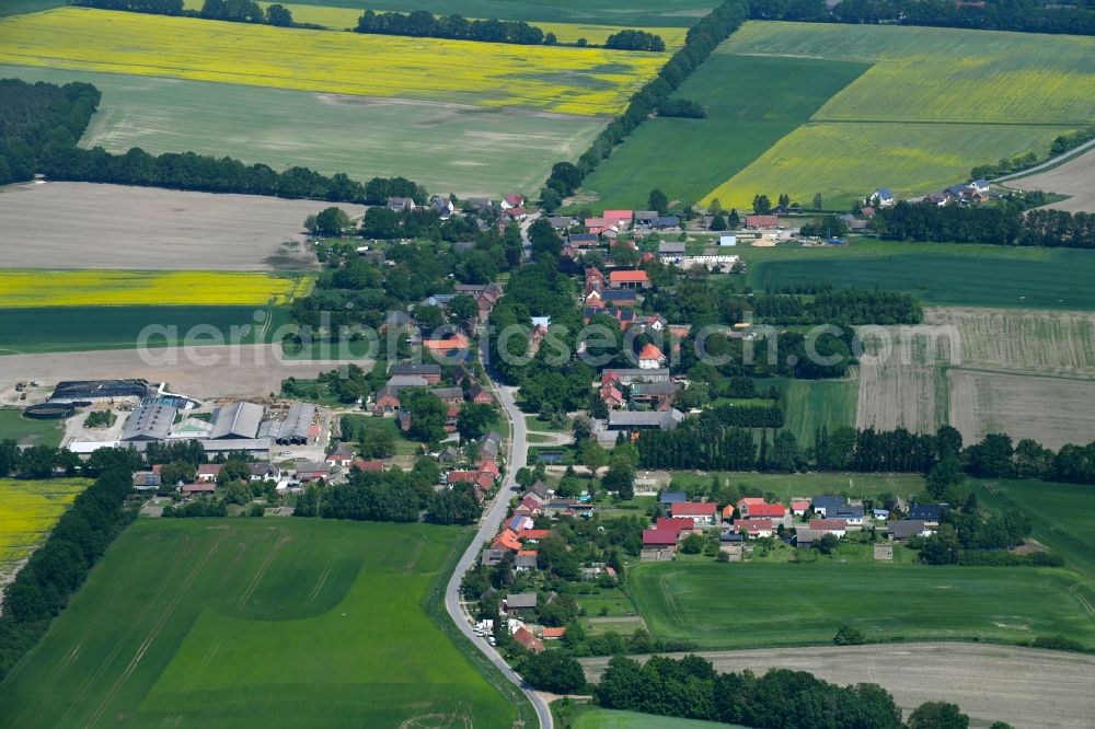 Aerial photograph Herzfeld - Village - view on the edge of agricultural fields and farmland in Herzfeld in the state Mecklenburg - Western Pomerania, Germany