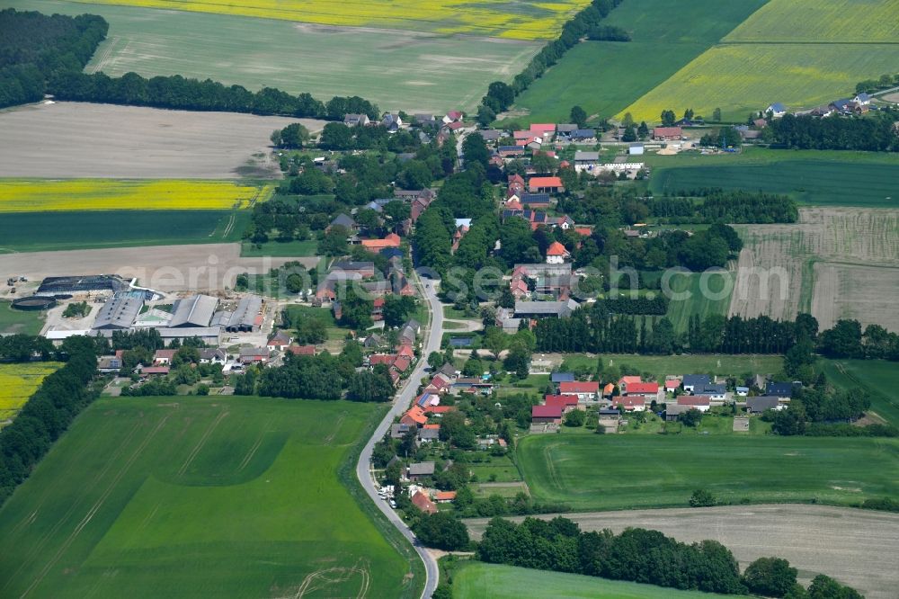 Aerial image Herzfeld - Village - view on the edge of agricultural fields and farmland in Herzfeld in the state Mecklenburg - Western Pomerania, Germany