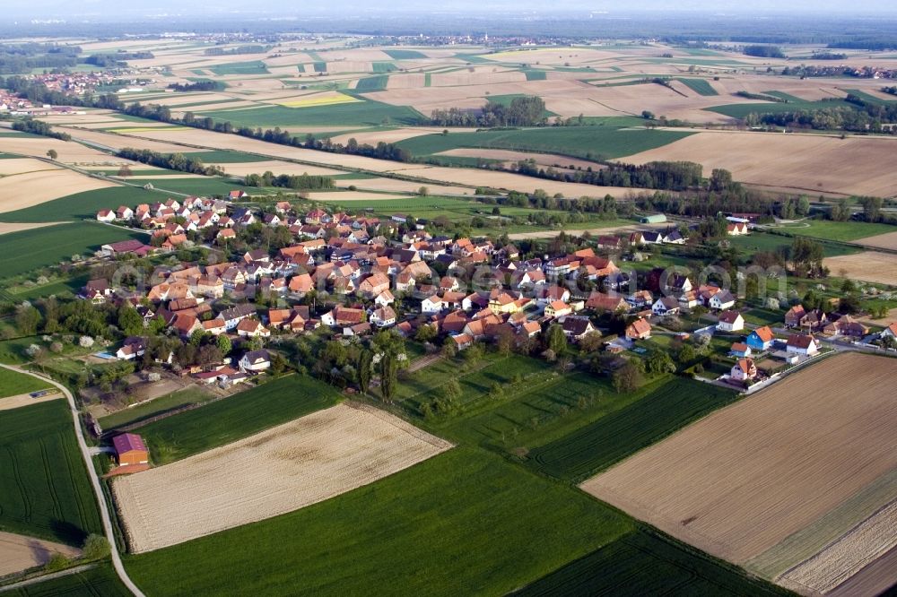 Aerial image Hoffen - Village - view on the edge of agricultural fields and farmland in Hoffen in Grand Est, France