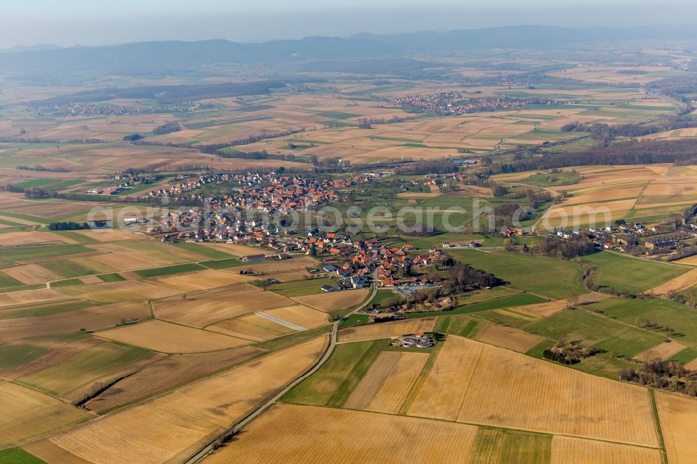 Aerial photograph Hoffen - Village - view on the edge of agricultural fields and farmland in Hoffen in Grand Est, France