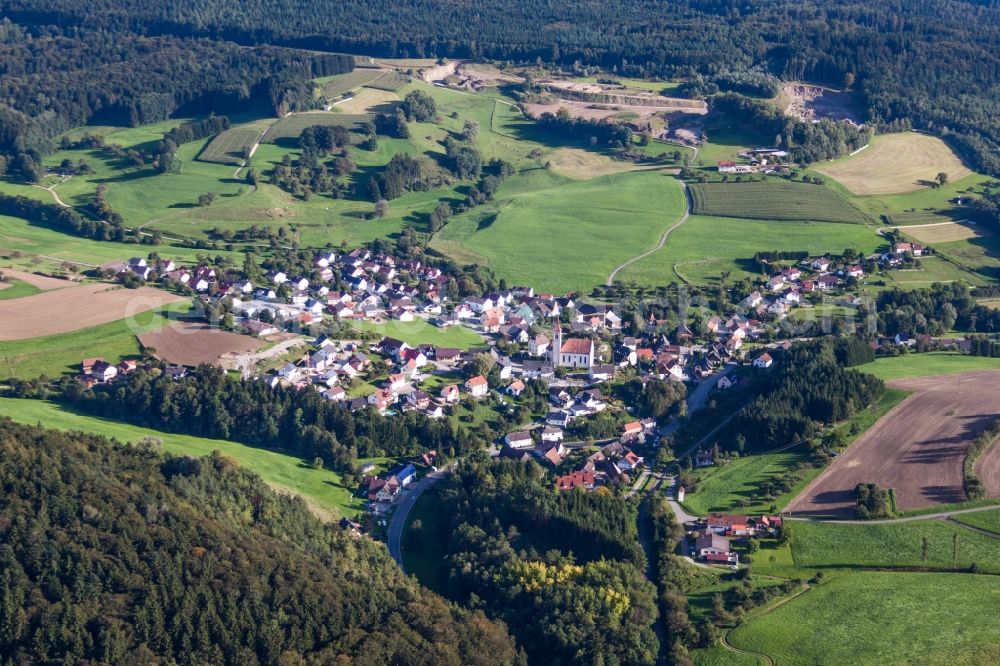 Aerial image Hoppetenzell - Village - view on the edge of agricultural fields and farmland in Hoppetenzell in the state Baden-Wurttemberg, Germany