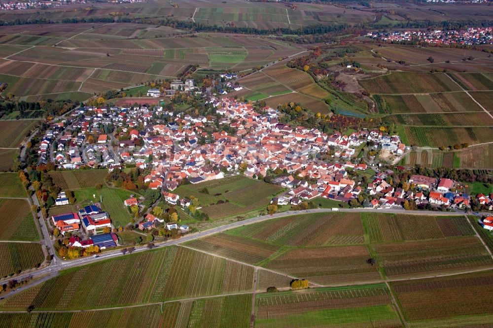 Ilbesheim bei Landau in der Pfalz from above - Village - view on the edge of agricultural fields and farmland in Ilbesheim bei Landau in der Pfalz in the state Rhineland-Palatinate, Germany