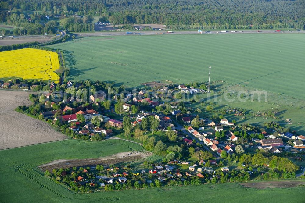 Klein-Ziethen from the bird's eye view: Village - view on the edge of agricultural fields and farmland in Klein-Ziethen in the state Brandenburg, Germany