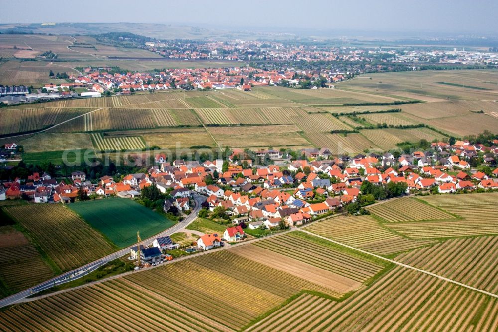 Kleinkarlbach from the bird's eye view: Village - view on the edge of agricultural fields and farmland in Kleinkarlbach in the state Rhineland-Palatinate, Germany