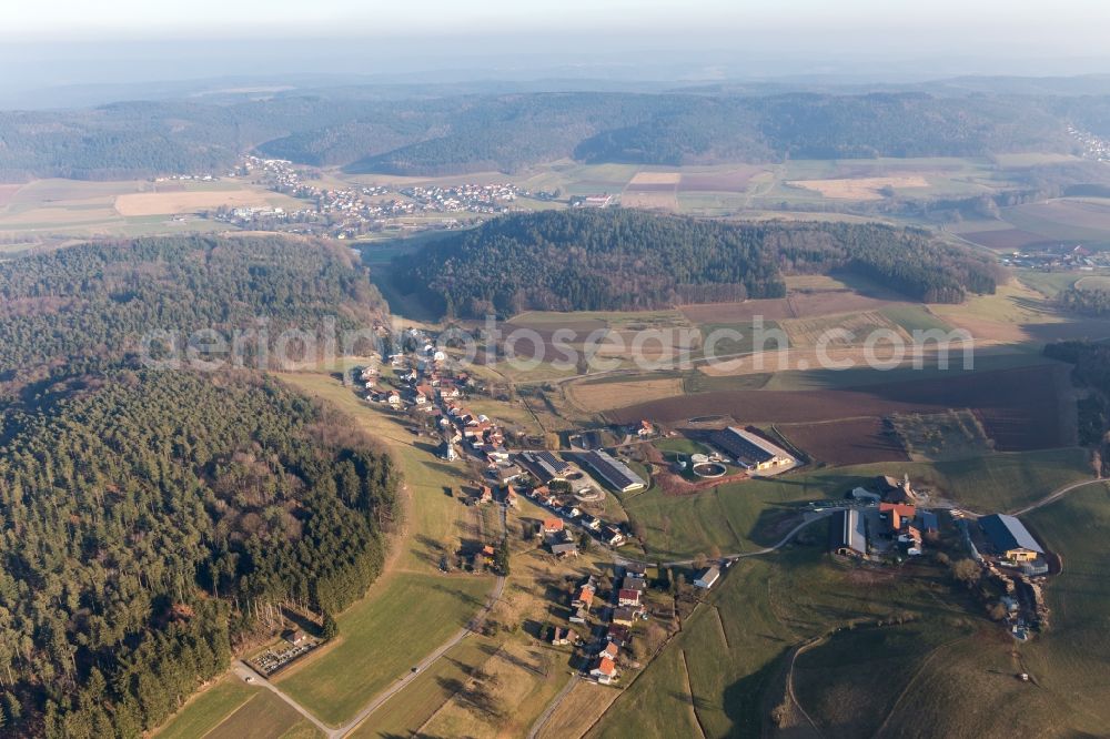 Aerial image Kocherbach - Village - view on the edge of agricultural fields and farmland in Kocherbach in the state Hesse, Germany